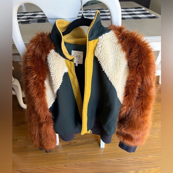 SEA made in New York Colorblock Faux Fur Track Jacket brown/green/cream Sz L - Picture 3 of 10